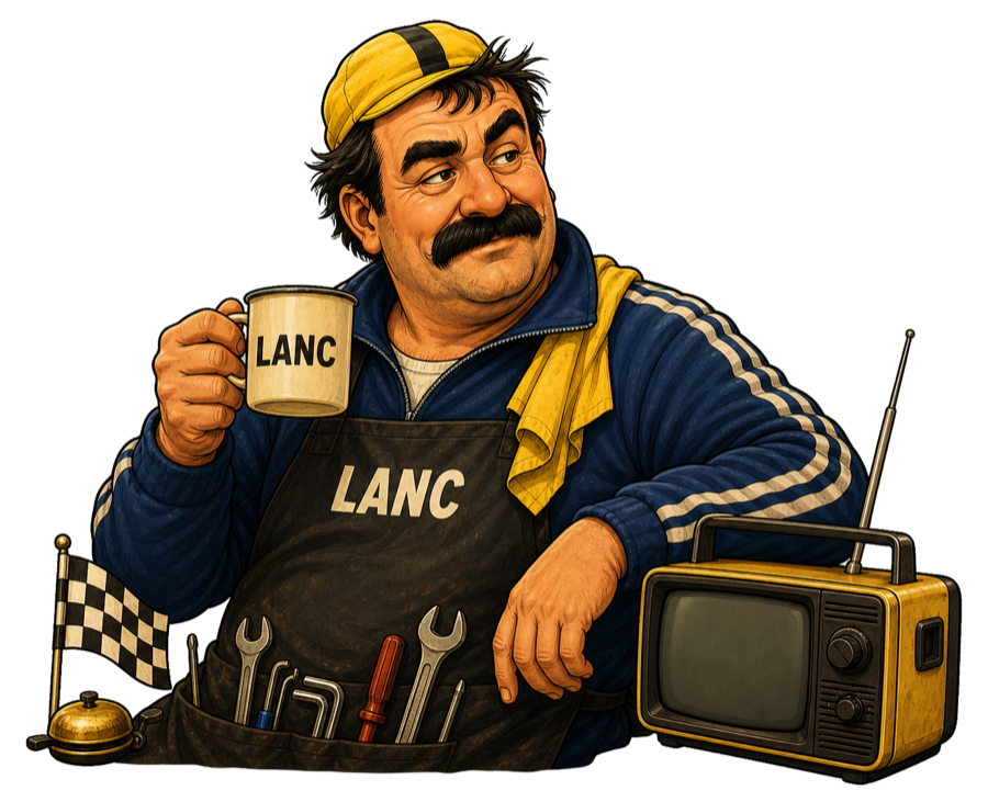Janusz in seasonal cycling outfit with LANC mug and workshop tools