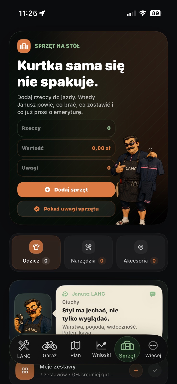 LANC 2.0 gear screen with Janusz and cycling clothing