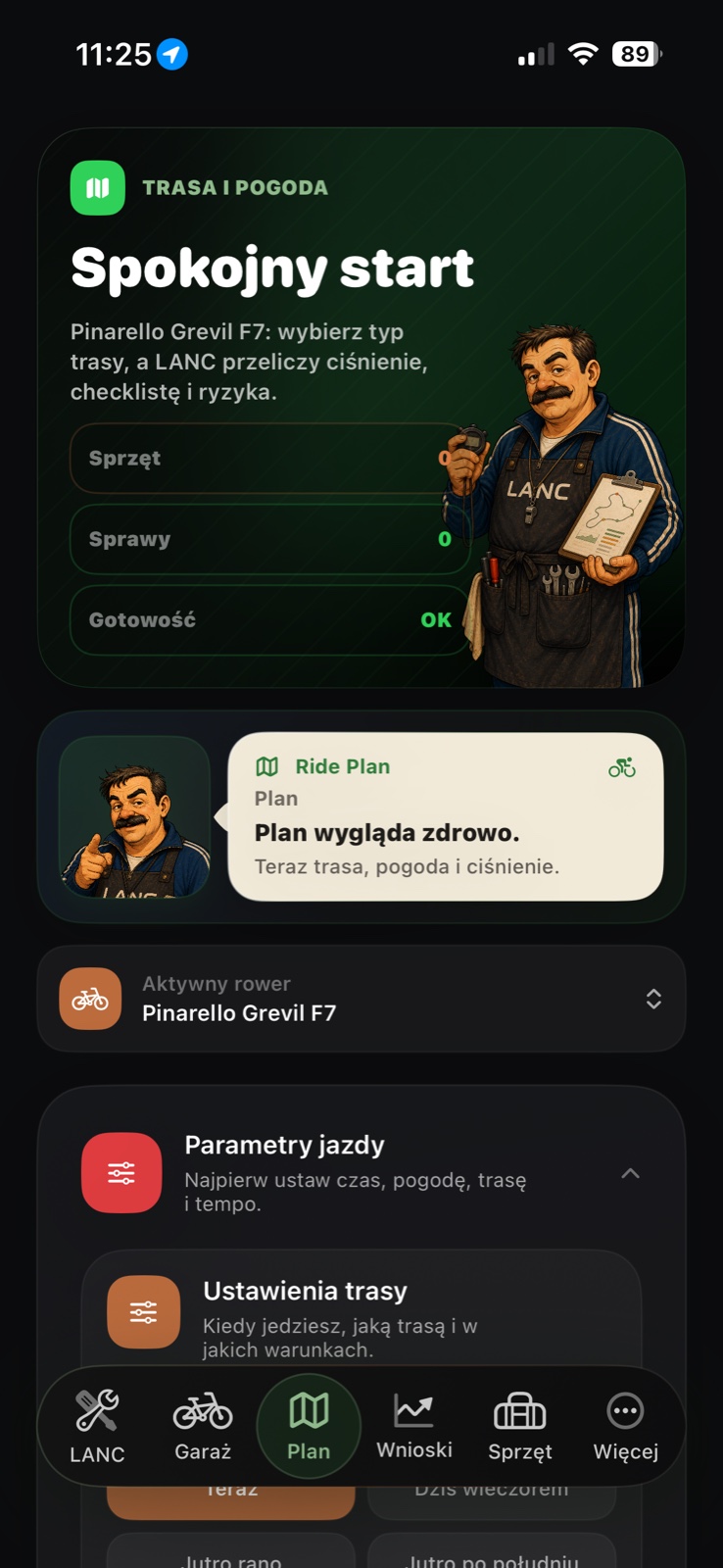 LANC 2.0 Ride Plan screen with Janusz and route checklist