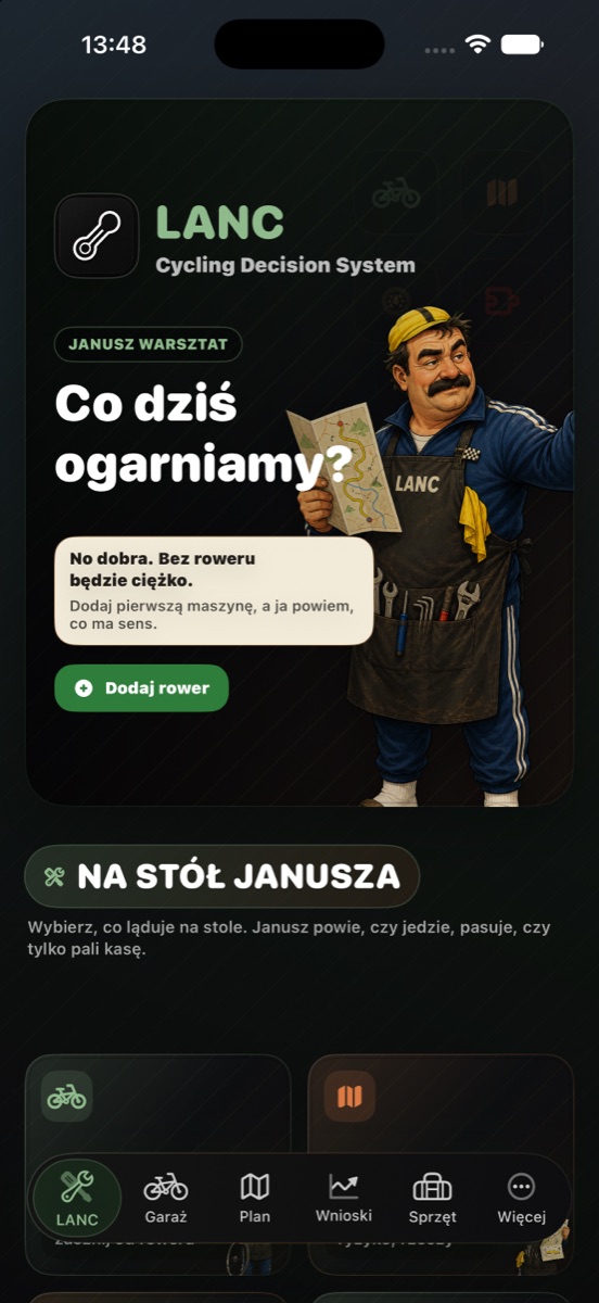 LANC 2.0.4 Tour home screen with Janusz asking what to handle today