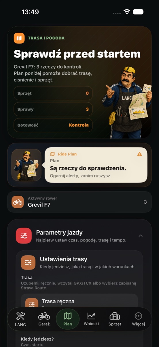LANC 2.0.4 Ride Plan screen with seasonal Janusz