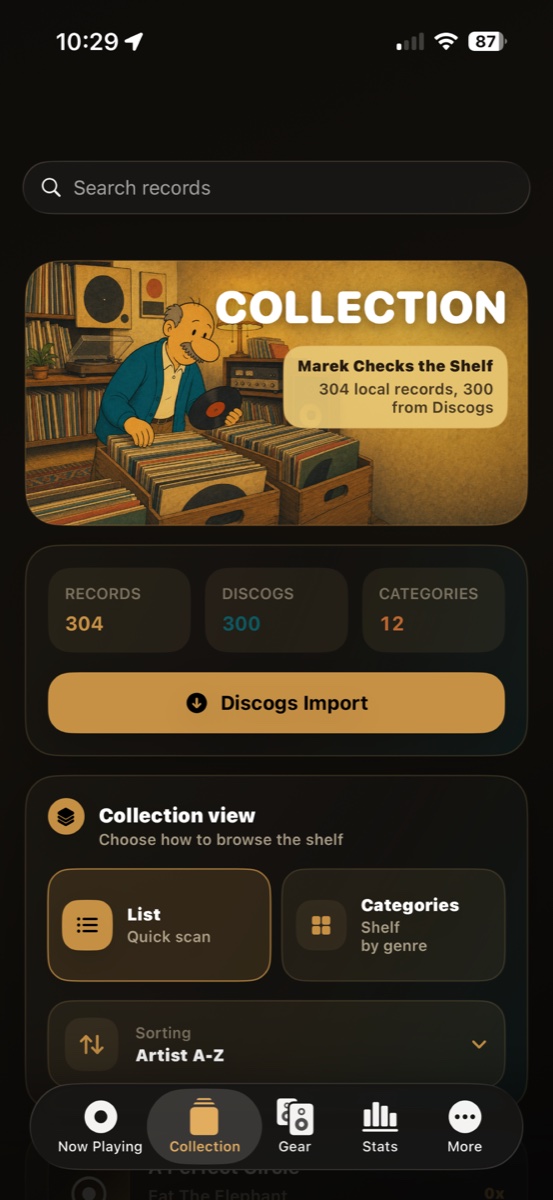 App screen showing listening and collection context