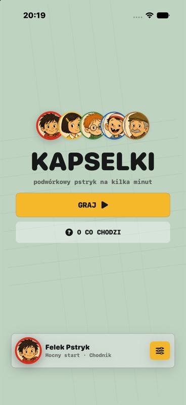 Menu gry Kapselki z postaciami i przyciskiem graj.