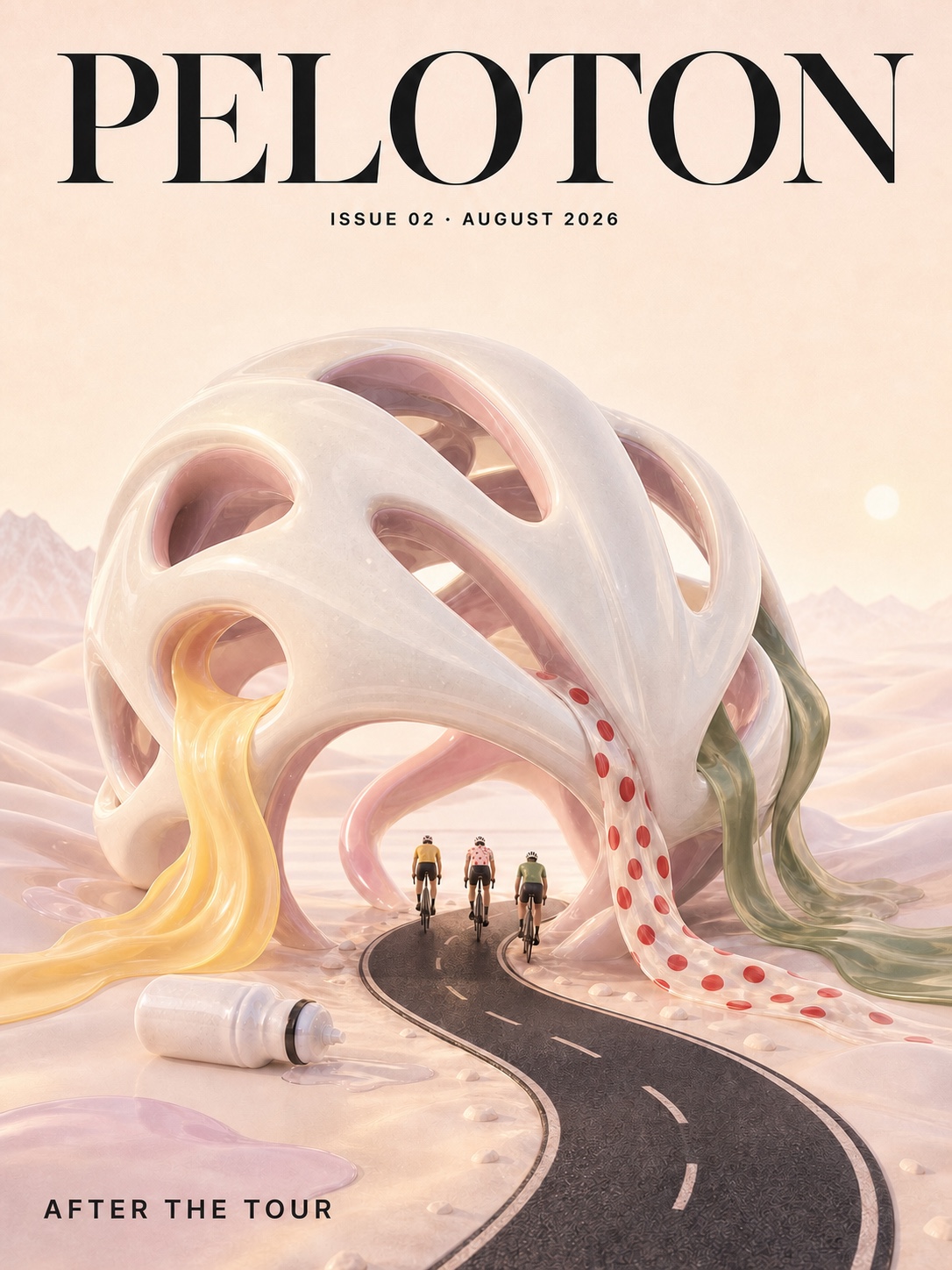 Peloton issue two cover: a monumental white helmet and riders leaving after the Tour.