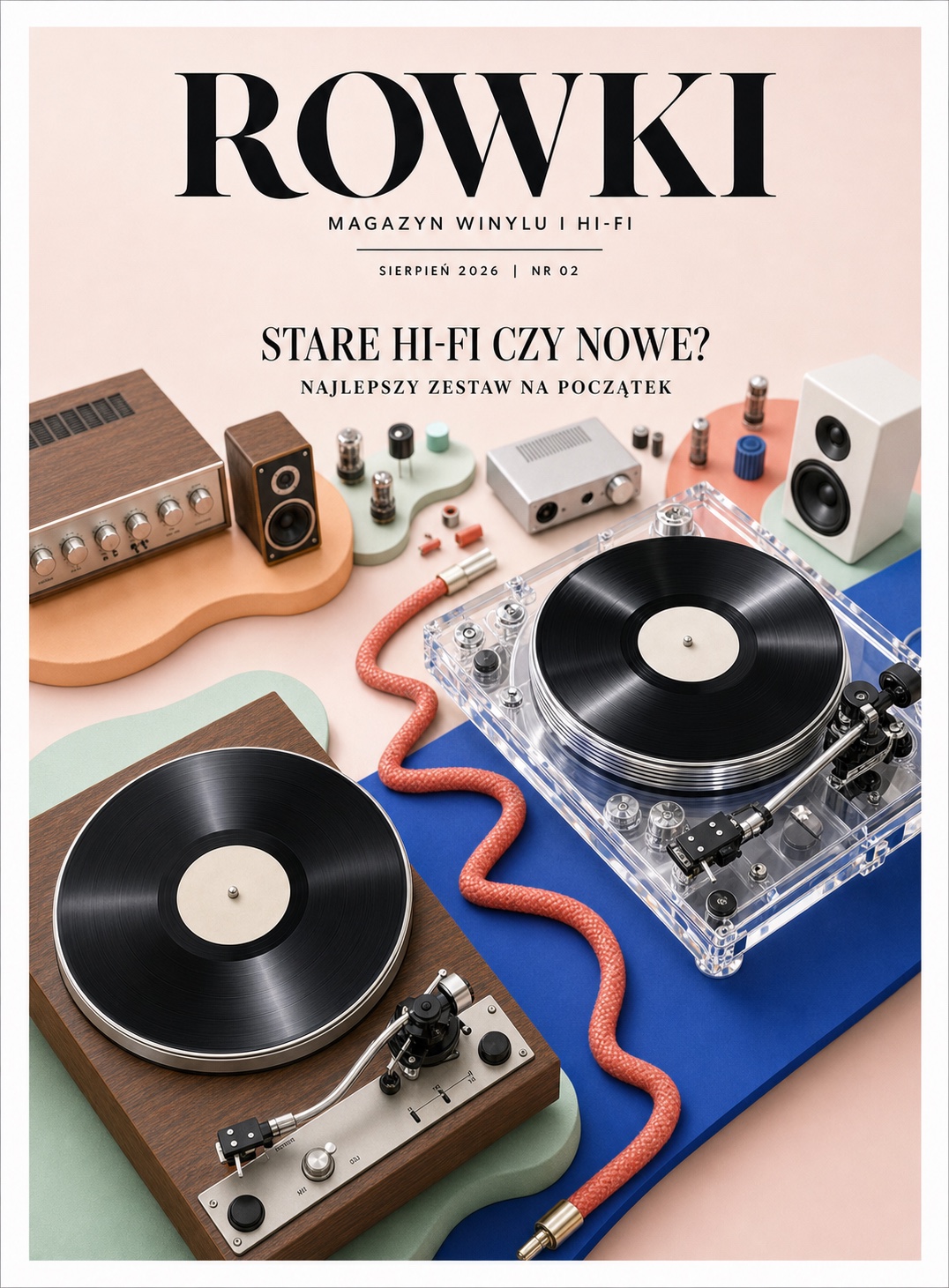 Okładka drugiego numeru Rowków: klasyczny i nowoczesny gramofon w wizualnym pojedynku.