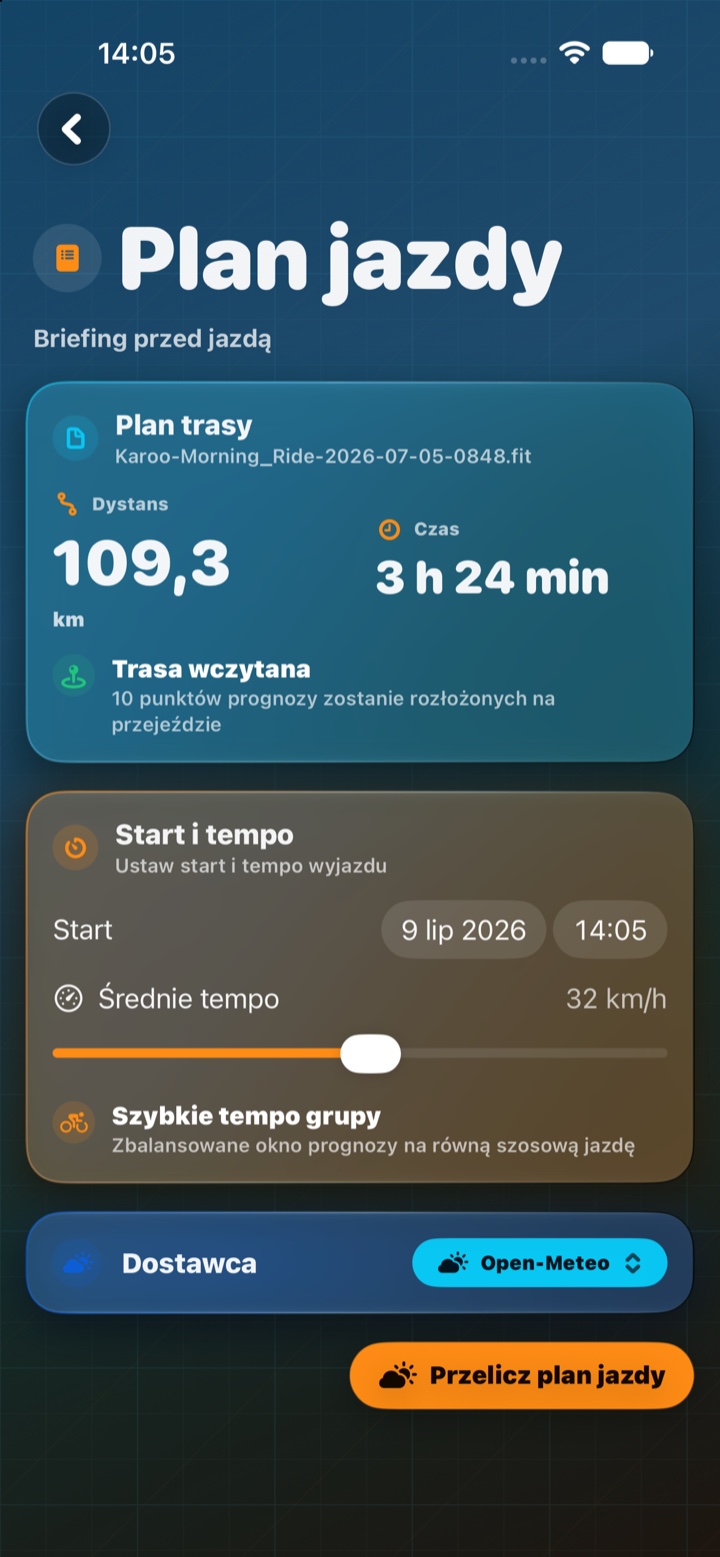 Plan jazdy z ustawieniem startu, tempa i źródła pogody