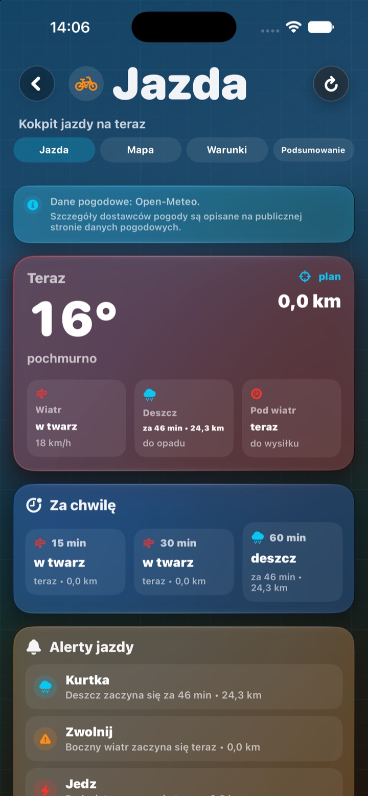 Kokpit jazdy z prognozą i alertami